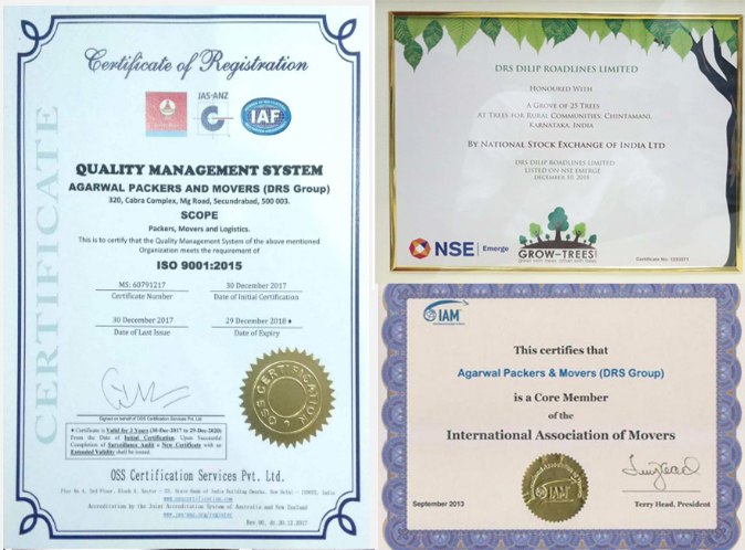 ISO, IAM, and NSE Certification of Agarwal Packers and Movers DRS Group